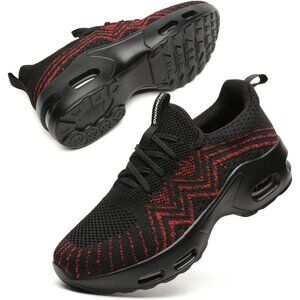 Women's Black-Red Lightweight Mesh Running Sneakers Walking Athletic Shoes